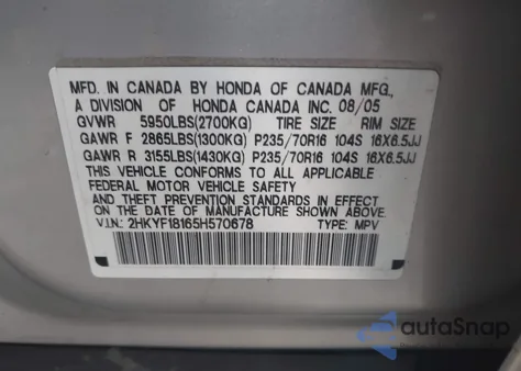 2005 Honda Pilot Lx z USA, uszkodzony, nr VIN 2HKYF18165H570678